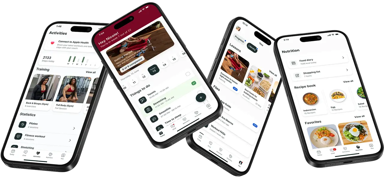 Multiple mobile devices showing different fitness app interfaces and features